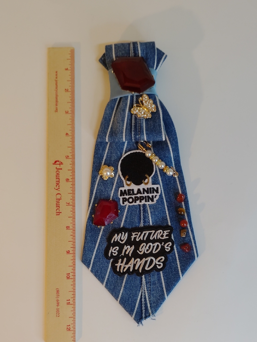 Denim Pin Tie with 'Melanin Poppin' & Faith Patch - Picture 3 of 3